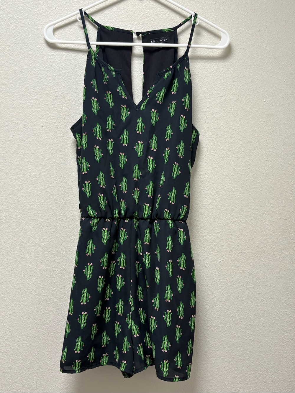 As U Wish Womens L Black/Green Cactus V-Neck Sleeveless Elastic Waist Romper